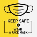 Keep Safe and wear face mask. Modern square banner. Warning sign. Poster for the opening of business after the quarantine. In