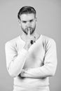 Keep silence. Man handsome attractive silence gesture. You better keep our secret. Being entrusted with secret can be Royalty Free Stock Photo