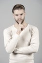 Keep silence. Man handsome attractive silence gesture. You better keep our secret. Being entrusted with secret can be Royalty Free Stock Photo