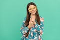 Keep smiling. Happy child smile holding prop glasses. Happy childhood and girlhood Royalty Free Stock Photo