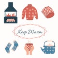 Keep warm set - fireplace, tea or coffee mug, sweater, socks and teapot. Elements for cold winter or autumn weather
