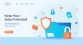 Keep your data protected file shield padlock icon campaign for web website home page landing template with cartoon style