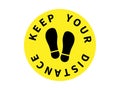 Keep your distance icon. Yellow circle with black sole prints and social spacing warning coronavirus pandemic prevention