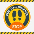 Keep Your Distance. Yellow round floor marking shoe prints social distancing Instruction Icon.