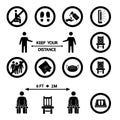 Keep your distance. Social distancing rules. Forbidden icon for seat. Distancing sitting. Sanitizing mat, UV lamp, wet cleaning,