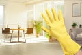 Keep your home virus-free. Woman in glove at sunlit room