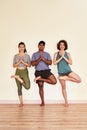 Keep your roots deep and your branches high. a group of young men and women practicing the tree pose during a yoga Royalty Free Stock Photo