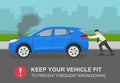 Keep your vehicle fit to prevent frequent breakdowns warning poster design. Young driver pushing his broken suv car. Royalty Free Stock Photo