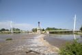 The keeper of plains and Pedestrian bridge Wichita Kansas view Royalty Free Stock Photo