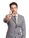 Keeping business tidy. A handsome young executive showing the peace sign while isolated on white.