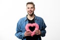 Keeping love in his heart. Romantic greeting. Valentines day sales. Love and romance. Happy man with decorative heart