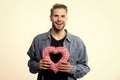 Keeping love in his heart. Romantic greeting. Valentines day sales. Love and romance. Happy man with decorative heart