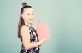 Keeping secrets here. design expert. pr-specialist. small girl with pink note book. school child with notepad. workbooks Royalty Free Stock Photo