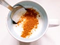 Kefir with cinnamon in a mug for boost the immune system. Immunological and stomach benefits, prevents illness and weight loss. Royalty Free Stock Photo