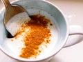 Kefir with cinnamon in a mug for boost the immune system. Immunological and stomach benefits, prevents illness and weight loss. Royalty Free Stock Photo