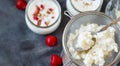 Kefir grains and fermented drink kefir with cherries and walnuts