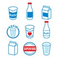 Kefir or kephir, fermented milk product, superfood vector icons set - color