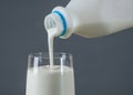 Kefir. Plain kefir pouring into a glass. White bottle with Yogurt. Organic milk product. Probiotic cold fermented dairy drink Royalty Free Stock Photo