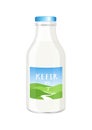 Kefir, yogurt or milk glass bottle with farm label, cartoon style vector illustration isolated on white background