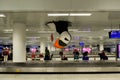 Big puffin bird in arrival hall of airport. Puffin is one of the symbols of Iceland