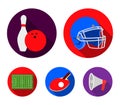 Keglie and bowling ball, protective helmet for rugby, racket and ball for playing ping-pong, field, stadium for football