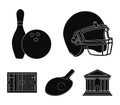 Keglie and bowling ball, protective helmet for rugby, racket and ball for playing ping-pong, field, stadium for football