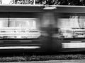 efocused tramway motion with large election posters with the chancellor