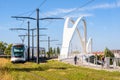 A streetcar has crossed the railway bridge between Strasbourg, France and Kehl, Germany