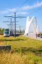 A streetcar has crossed the railway bridge between Strasbourg, France and Kehl, Germany