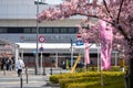 Keihan Railway Yodo Station building in cherry blossoms season. Fushimi-ku, Kyoto, Japan Royalty Free Stock Photo