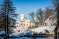 Keila-Joa, Estonia - March 5, 2018: Keila-Joa manor Schloss Fall, neo-gothic style building of 19th century standing on hillsid