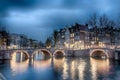 Keizersgracht inersection bridge view of Amsterdam canal and historical houses during twilight time, Netherland