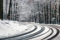 Kekesteto, Hungary - Winding winter road at the mountains of Matra near Kekesteto. Curved asphalt road with snowy trees