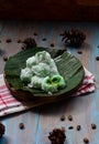 kelepon or klepon made from glutinous rice flour and filled with brownn sugar covered with grated coconut. indonesian food.