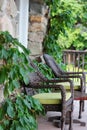 Green vines surround a patio seating area on the deck near Lake Chelan in Washington State