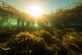 kelp forest at sunrise, with the sunlight filtering through the water Royalty Free Stock Photo