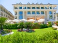 Kemer, Antalya, Turkey - May 11, 2021: Panorama of beach of Golden Lotus 4 star hotel