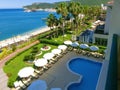 Kemer, Antalya, Turkey - May 11, 2021: Panorama of beach of Golden Lotus 4 star hotel Royalty Free Stock Photo