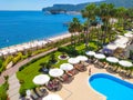 Kemer, Antalya, Turkey - May 11, 2021: Panorama of beach of Golden Lotus 4 star hotel Royalty Free Stock Photo