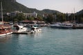 Evening view of the Kemer marina with boats. Turkey