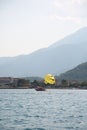 Kemer resort area. Seascape with motor boat and parasailing