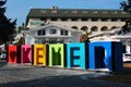 Kemer, Turkey - February 16, 2022: I love Kemer, a tourist sign in Olbia park. Kemer is a seaside resort and district of Antalya