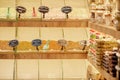 Kemer, Turkey - May 25, 2021: Large assortment of condiments in a Turkish souvenir shop. Selection of seasonings in the