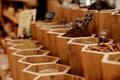 Kemer, Turkey - May 25, 2021: Large assortment of condiments in a Turkish souvenir shop. Selection of seasonings in the