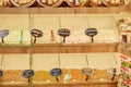 Kemer, Turkey - May 25, 2021: Large assortment of condiments in a Turkish souvenir shop. Selection of seasonings in the