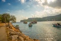 KEMER, TURKEY: Sea and rocks, parking of yachts and ships near Yoruk park.