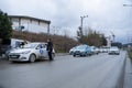 Kemerburgaz, Istanbul, Turkey - 02.25.2021: driving school cars and learner drivers before test day in winter time with copy space