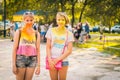 Kemerovo, Russia, June 24, 2018: Young girls painted with colored powder after holi festival colors