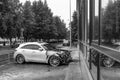 Kemerovo 2019-09-16 White abandoned, stolen city car Infiniti FX50S burned out, suddenly started engulfing all the car