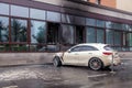 Kemerovo 2019-09-16 White abandoned, stolen city car Infiniti FX50S burned out, suddenly started engulfing all the car Royalty Free Stock Photo